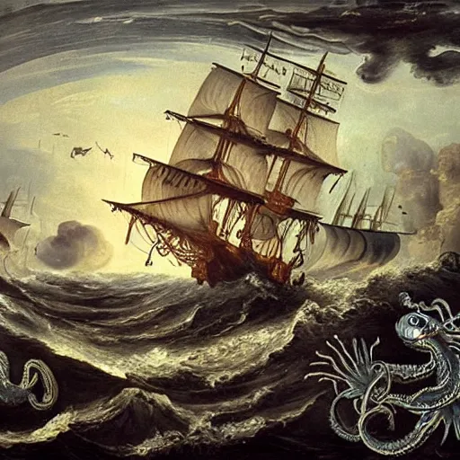Prompt: kraken attacking a pirate ship in the ocean, renaissance oil painting, 8 k, highly ornate intricate details, extreme detail,