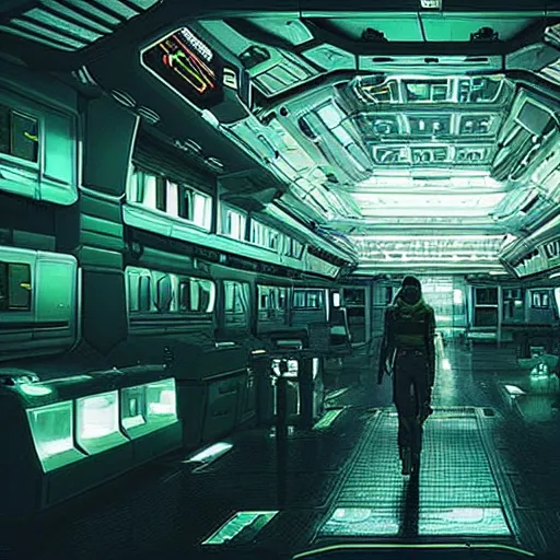 Image similar to “walking through a space station terminal in the architectural style of Alien Isolation. Noticing the attention to detail in the retro futuristic aesthetic”