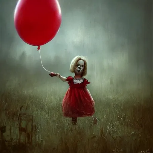 Image similar to grunge cartoon landscape painting of a little girl and a red balloon by - michal karcz, loony toons style, pennywise style, horror theme, detailed, elegant, intricate