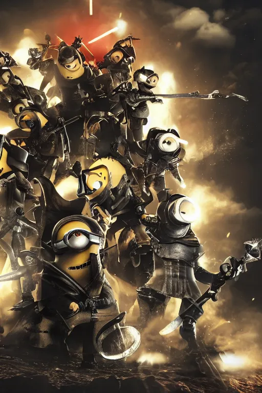 Prompt: Minions in knight armor with swords against golden sparks, black smoke, red lights, Anime, cyberpunk, gothic, dark fantasy, art, 4k,