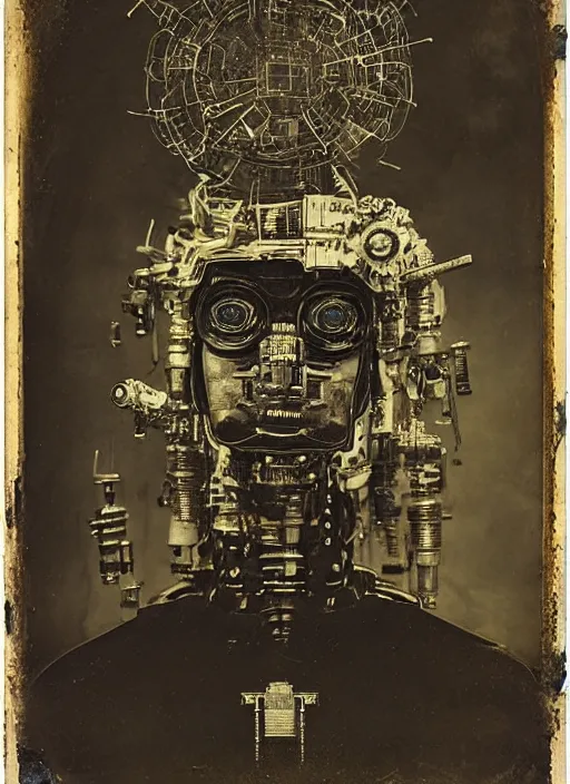 Image similar to old wetplate daguerreotype portrait of futuristic robot on fire, explosion of data fragments, fractal, intricate, elegant, highly detailed, parallax, leica, medium format, subsurface scattering, by jheronimus bosch and greg rutkowski and louis jacques mande daguerre