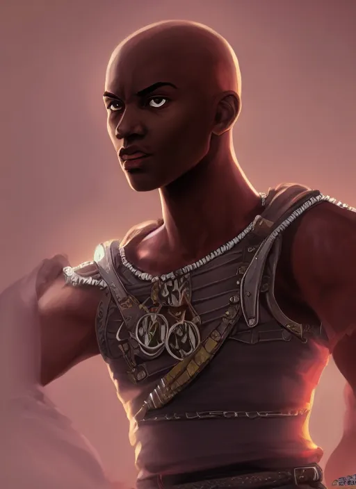 Prompt: An epic fantasy comic book style portrait painting of a young dark skinned thief with broad shoulders and a bald head in a vest in the style of the wheel of time in the style of the wheel of time, unreal 5, DAZ, hyperrealistic, octane render, cosplay, RPG portrait, dynamic lighting