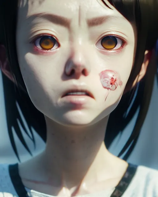 Image similar to unusual close up face portrait of the cute psychotic loser girl, by katsuhiro otomo, yoshitaka amano, nico tanigawa, artgerm, greg rutkowski makoto shinkai takashi takeuchi studio ghibli, akihiko yoshida rendered with intense 3 d effect, hyperrealistic unreal engine 5 render, uhd 8 k