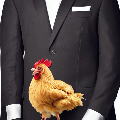 Prompt: a high quality photo of a chicken wearing a suit, realism, 8k