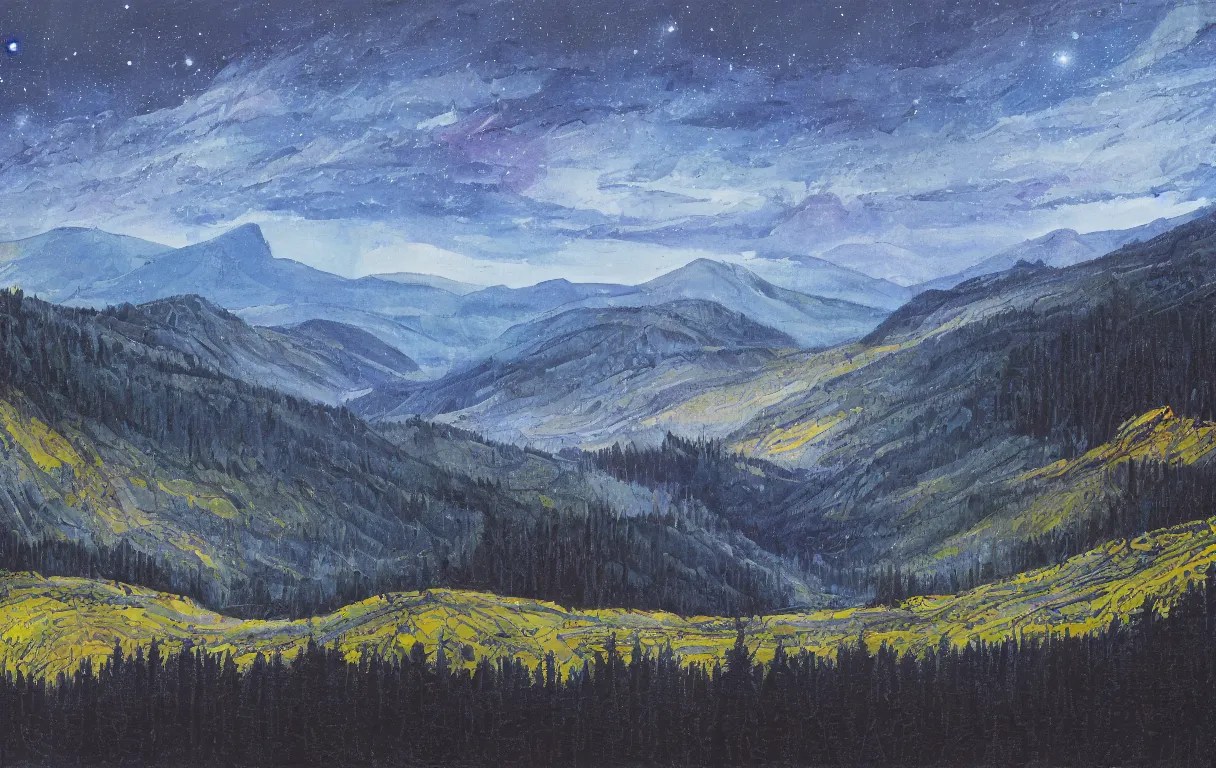 Prompt: Realist colorful impasto painting of the Salmon River mountain valley at midnight by John Harris, stars in the inky black sky reflect on the darkest blue river surface, ponderosa pines, 4k scan, HDR, oil on canvas, visible brushstrokes