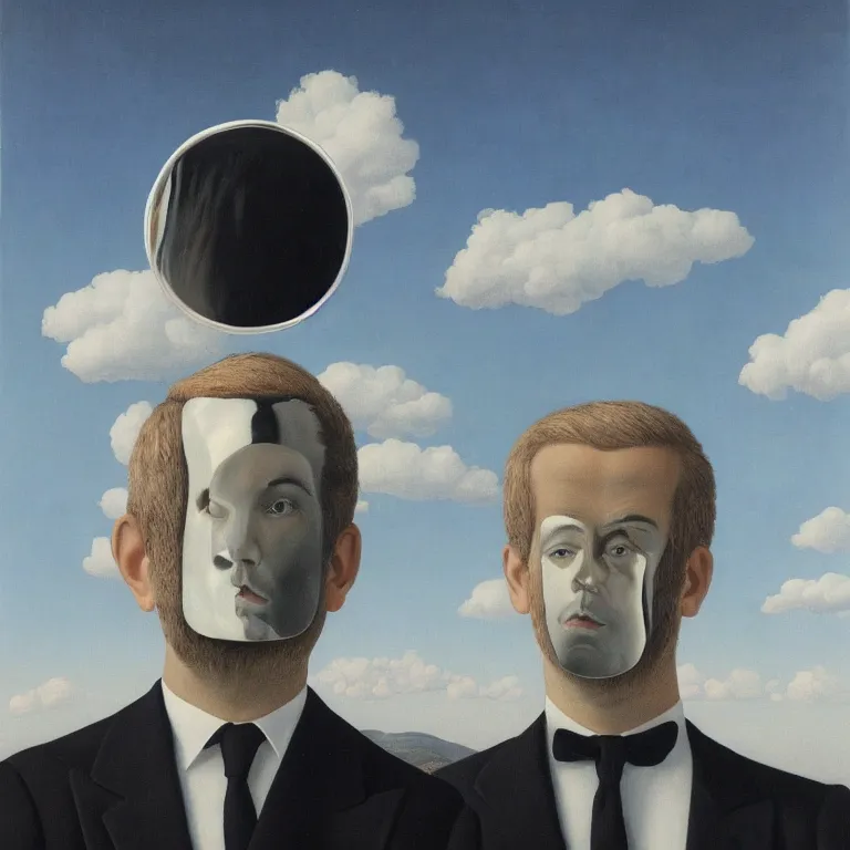 Prompt: portrait of a faceless detailed reflective chrome - head man in a suit and black gloves, clouds and nature landscape in the background, by rene magritte, very highly detailed painting, distance, centered, hd, hq, high resolution, high detail, beautiful, 4 k, 8 k