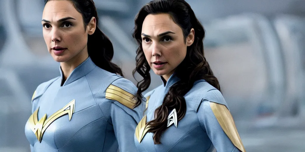 Image similar to Gal Gadot, in full starfleet uniform, is the captain of the starship Enterprise in the new Star Trek movie