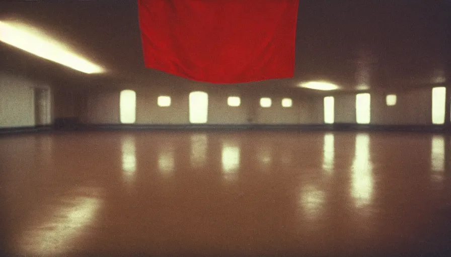 Image similar to 60s movie still of a sovietic stalinist style wide empty ballroom with USSR's flags, cinestill 800t 50mm eastmancolor, liminal Space style, heavy grain-s 150