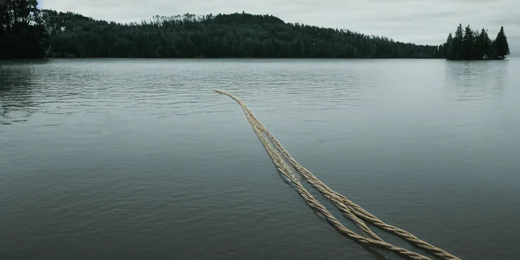 Prompt: centered photograph of a single line of thick long rope floating on the surface stretching out to the center of the lake, a dark lake on a cloudy day, color film, trees in the background, hyper - detailed photo, anamorphic lens