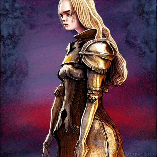 Image similar to Elle Fanning in the painted world of Dark Souls, head and shoulders masterpiece, apocalypse, golden hour, cosmic horror, artstation, in the style of Liber Chronicarum and Michael Wolgemut, extremely detailed