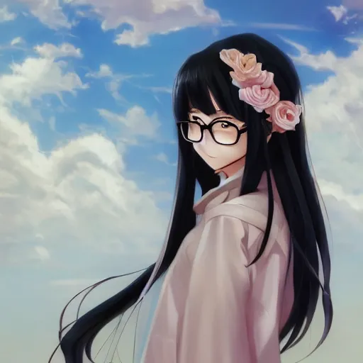 Prompt: anime portrait of a young woman with long black hair, with glasses, happy expression, windswept, waifu, choker, elegant, highly detailed, by artgerm, wlop, rossdraws, james jean, andrei riabovitchev, marc simonetti, sakimichan, trending on artstation, hd, 4 k