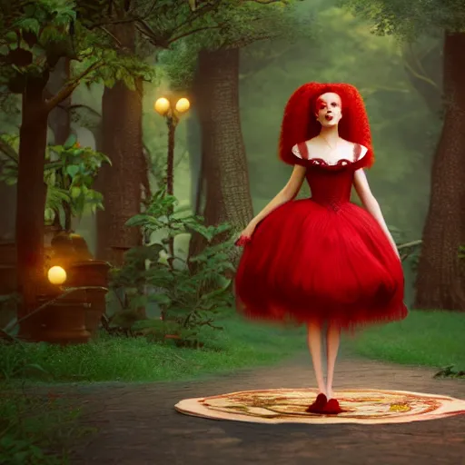 Image similar to red head queen, alice in wonderland theme, disney photo realistic, octane render, 8 k, unreal engine, hd, cinematic lighting