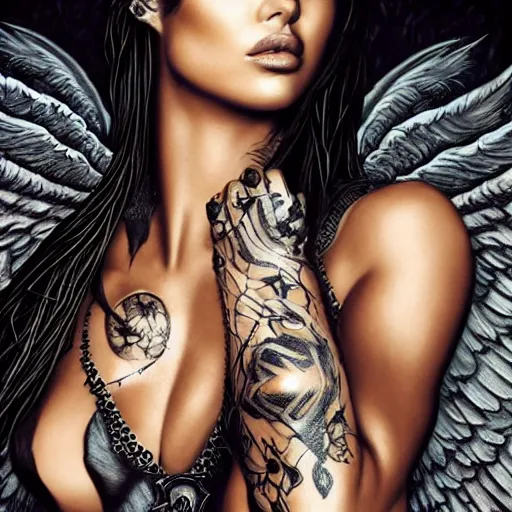 Image similar to photorealistic beautiful Adriana Lima whole body heavily covered in elfish tattoos as a warrior angel , extremely detailed face, hair, skin and hands, intricate tattoos, digital art, wallhaven.cc wallpaper!, concept art, smooth, sharp focus, high fantasy illustration, art by Artgerm, Alina Ivanchenko and Rob Ross