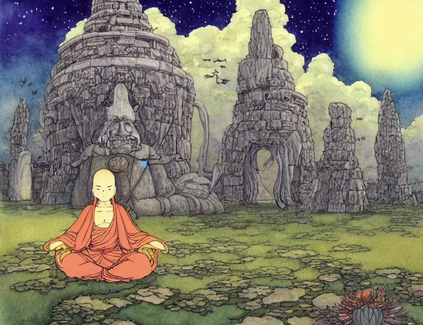 Prompt: a hyperrealist studio ghibli watercolor fantasy concept art of a giant long haired buddha in lotus position in stonehenge with a starry sky in the background. a scary lovecraftian ufo is floating in the air. by rebecca guay, michael kaluta, charles vess