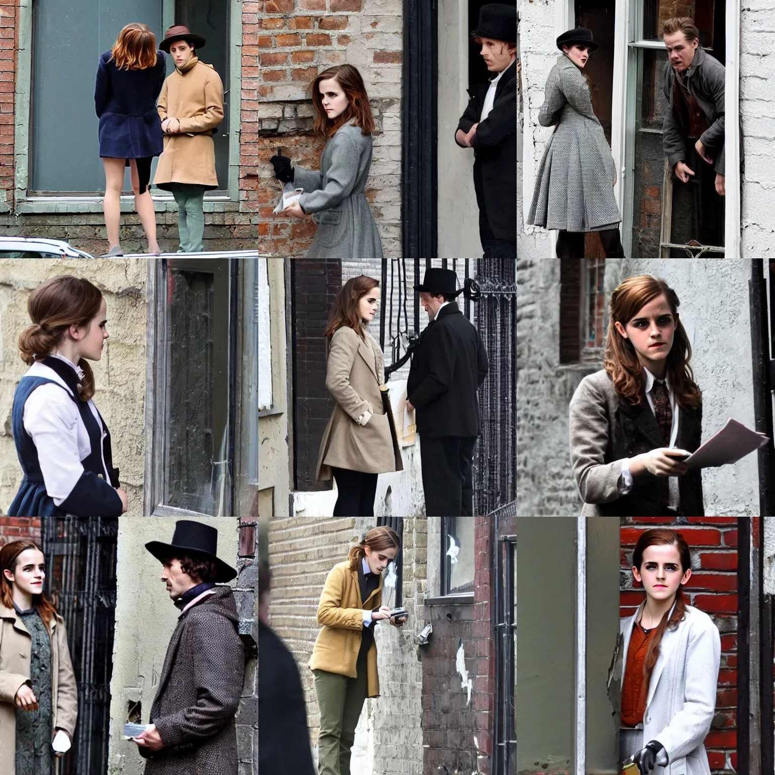 Prompt: Emma Watson dressed as Sherlock Holmes inspecting a broken window in an alley