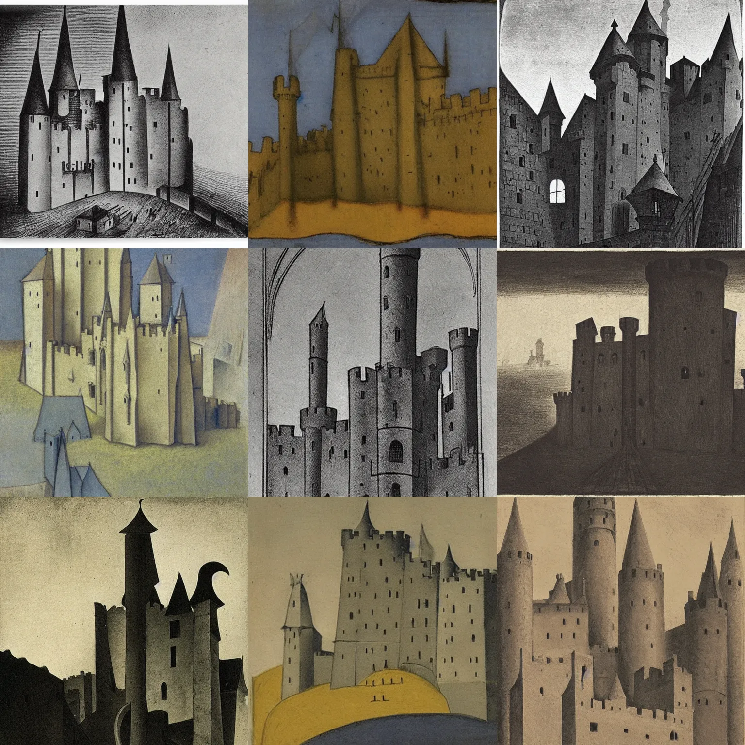 Prompt: medieval castle, by lyonel feininger