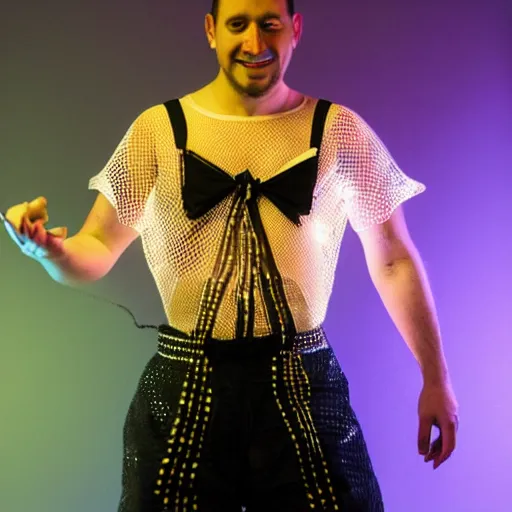 Prompt: a danceing man in a mesh shirt and lederhosen and bendy lights