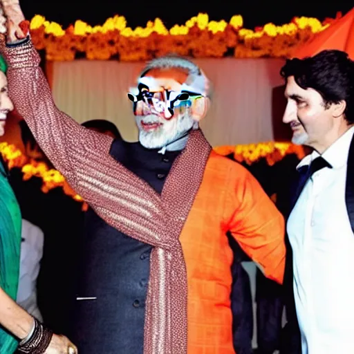 Prompt: Justin Trudeau dancing with Narendra Modi in bollywood costume