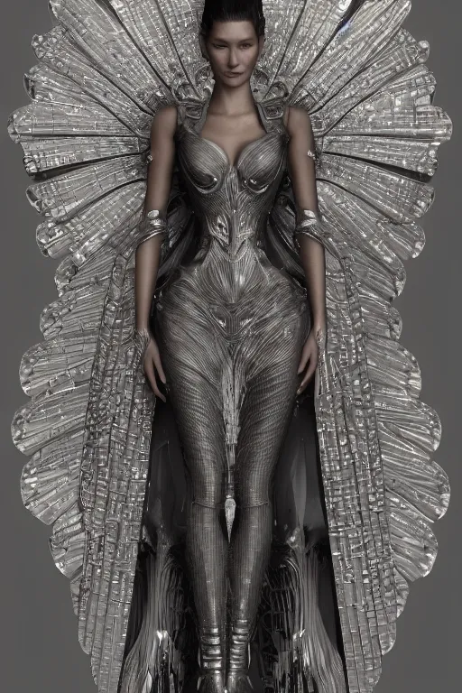 Prompt: a highly detailed 4 k render of a beautiful angel alien goddess bella hadid in iris van herpen dress armor schiaparelli in diamonds in style of alphonse mucha trending on artstation made in unreal engine 4