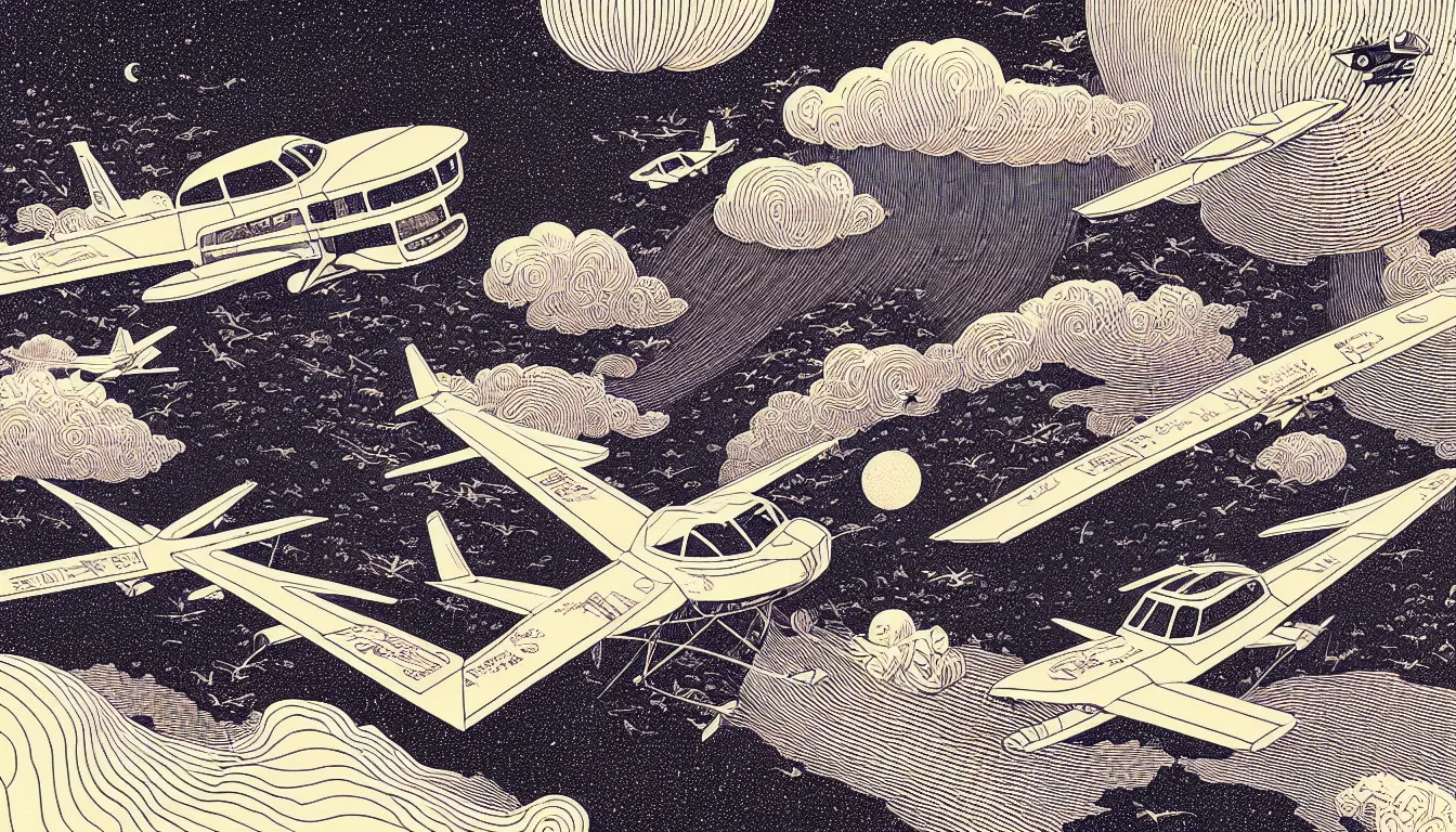 Prompt: flying airplane by woodblock print, nicolas delort, moebius, victo ngai, josan gonzalez, kilian eng