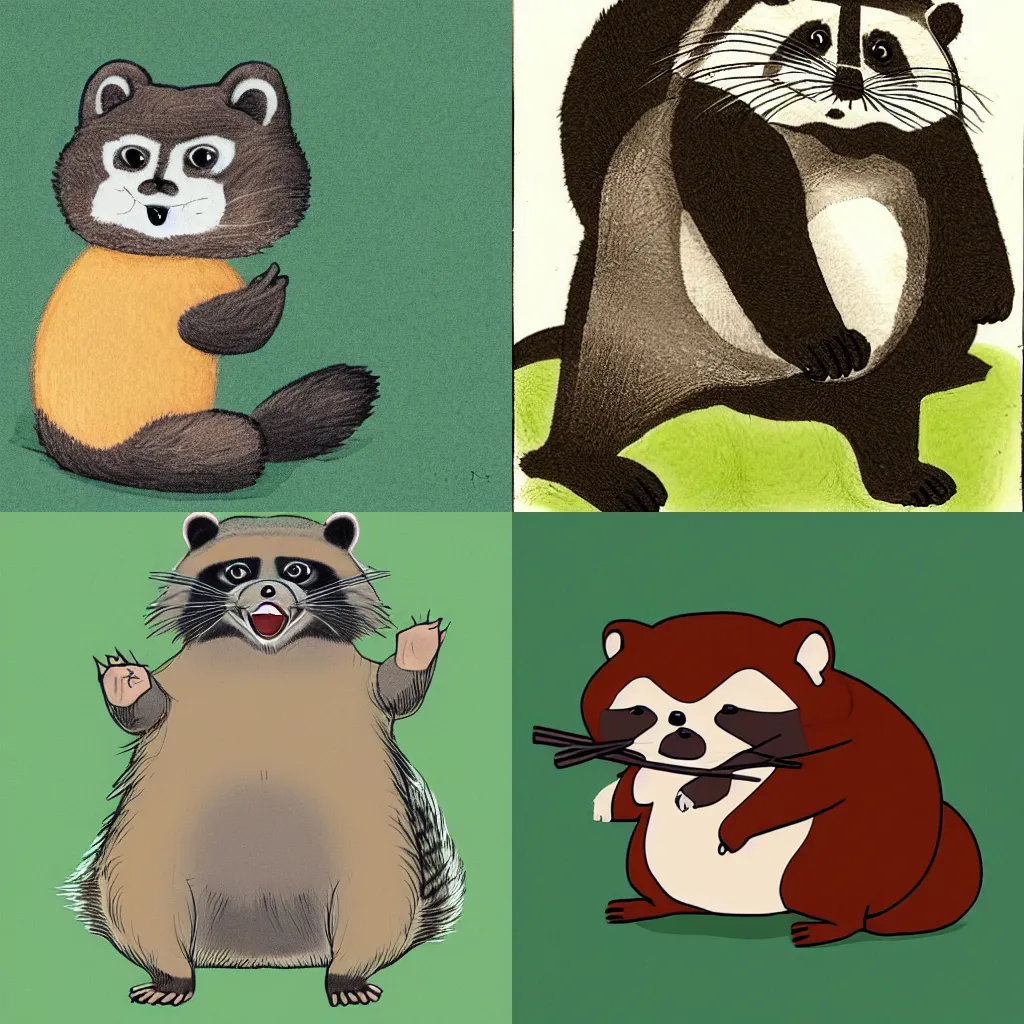 Prompt: a tanuki with a comedically oversized tail, cartoon illustration