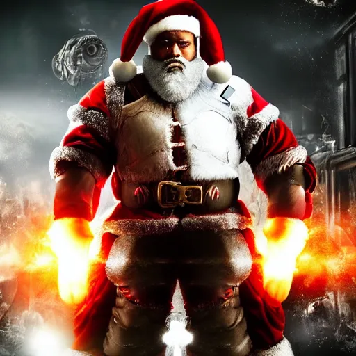 Image similar to Kanye West as santaclaus in 'Gears of War', splash art, movie still, cinematic lighting, detailed face, dramatic, octane render, long lens, shallow depth of field, bokeh, anamorphic lens flare, 8k, hyper detailed, 35mm film grain