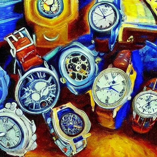 Prompt: an impressionist painting of a treasure chest full of wristwatches