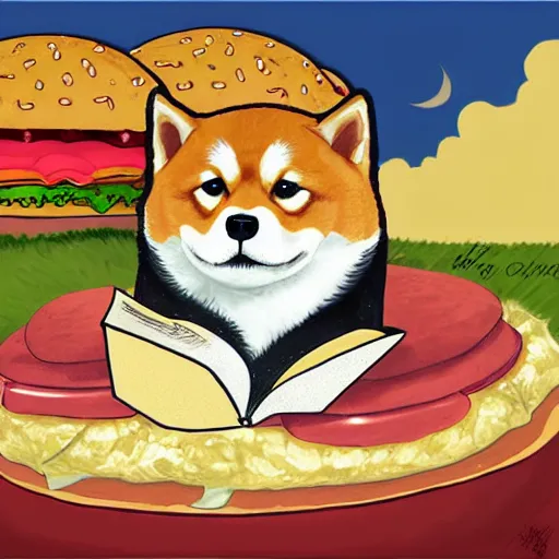 Image similar to a fortune-telling shiba inu reading your fate in a giant hamburger, digital art