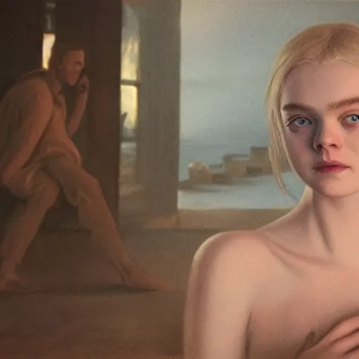 Prompt: Elle Fanning in Santorini in the world of Adam Wyeth, head and shoulders, stormy weather, extremely detailed masterpiece, oil on canvas, low-key neon lighting, artstation, Blade Runner 2049, Roger Deakin’s cinematography, by J. C. Leyendecker and Peter Paul Rubens and Edward Hopper and Michael Sowa,