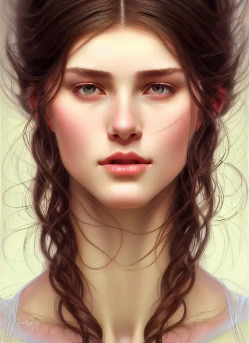 Image similar to beautiful ukrainian feminine face! portrait of young woman blessed by god with ever - increasing physical and mental perfection, beautiful hair, symmetrical! intricate, elegant, highly detailed, vision of holy perfection!! smile, digital painting, artstation, concept art, smooth, sharp focus, illustration, art by artgerm and greg rutkowski and alphonse mucha