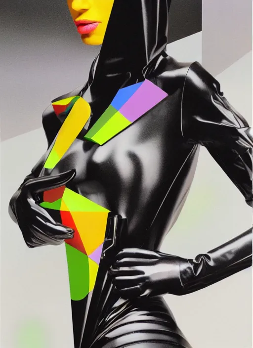 Image similar to futuristic lasers tracing, colorsmoke, leather fullbodysuit, pyramid hoodvisor, raindrops, wet, oiled, beautiful cyborg girl, by steven meisel, kaws, rolf armstrong, mondrian, kandinsky, perfect geometry abstract acrylic, octane hyperrealism photorealistic airbrush collage painting, dark monochrome, fluorescent colors, minimalist rule of thirds, eighties eros