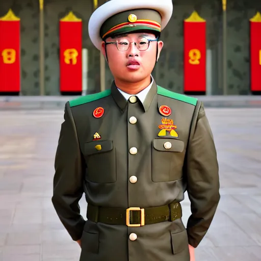 Prompt: professional photograph of asian andy wearing a north korean military uniform, 8 k, very intricate, very detailed,