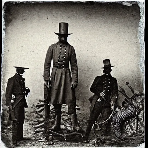 Prompt: Union Soldiers in a stand off with Nyarlathotep. 1860s photograph.