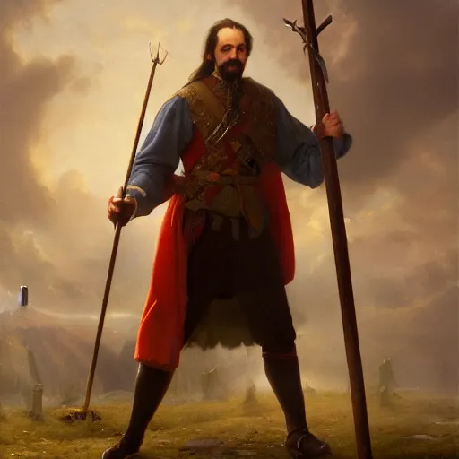 Prompt: Peter the Great holding big narrow axe, russian tsar Peter I, russian emperor, sharp focus, fantasy style, octane render, volumetric lighting, 8k high definition, by greg rutkowski, highly detailed, trending on art Station, oil painting