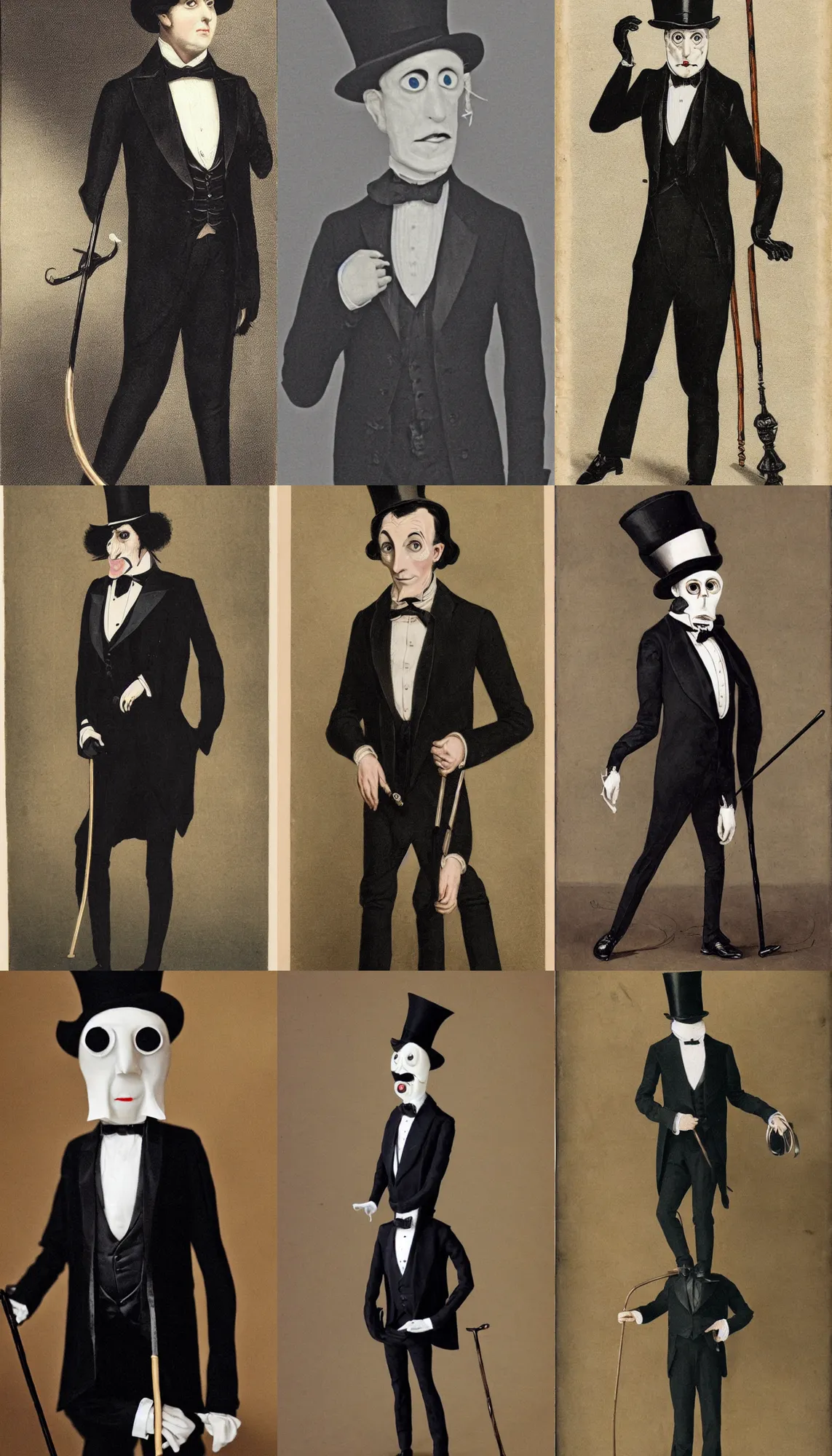 Prompt: elegant gentleman with singular giant eyeball in place of his head, wearing black tailcoat tuxedo and top hat with theatrical walking cane