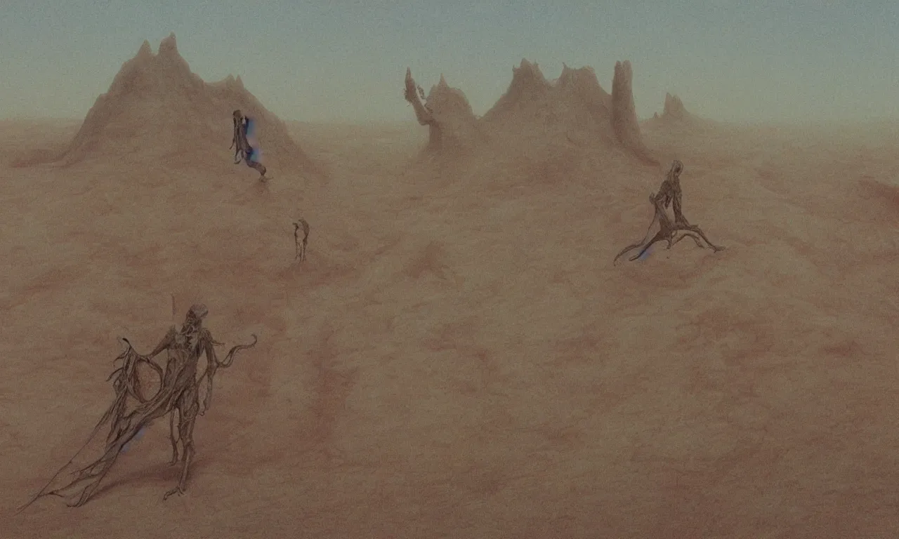 Prompt: the alien devil desert in the style of beksinski and moebius