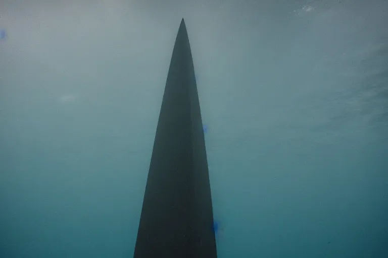 Image similar to a ominous floating obelisk underwater, photo-realistic, colorful, dark, smog, complex, shot by a camera,