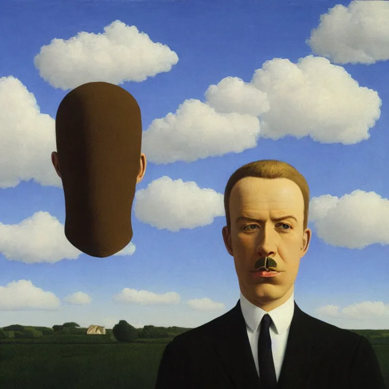 Image similar to portrait of a faceless white masked - head man in a suit, clouds and nature landscape in the background, by rene magritte, detailed painting, distance, centered, hd, hq, high resolution, high detail, 4 k, 8 k