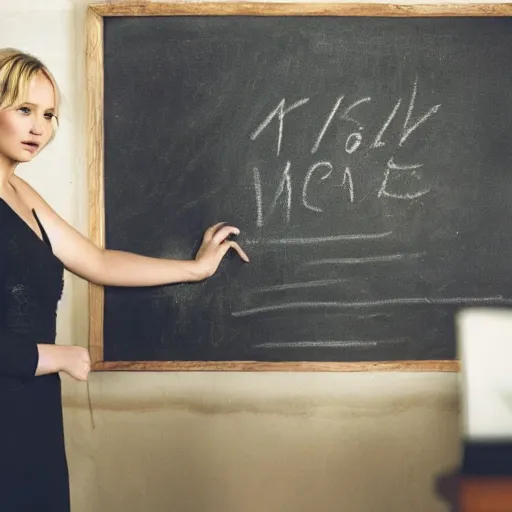 Image similar to the first still from the professor, directed by christopher nolan, shows jennifer lawrence at a chalkboard, 4 k