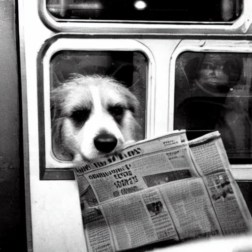 Image similar to a dog reading the newspaper on a subway train in new york, 1 9 7 0