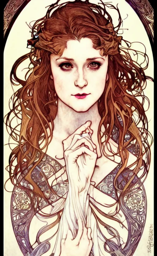 Image similar to in the style of artgerm, arthur rackham, alphonse mucha, evan rachel wood, symmetrical eyes, symmetrical face, flowing white dress, hair blowing, full body, intricate filagree, warm colors, cool offset colors