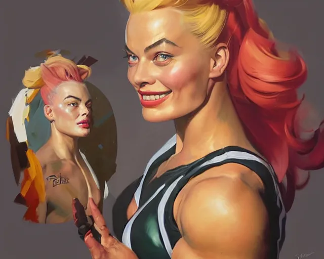 Image similar to greg manchess portrait painting of smiling margot robbie as beautiful thick female bodybuilder zarya from overwatch, medium shot, asymmetrical, profile picture, organic painting, sunny day, matte painting, bold shapes, hard edges, street art, trending on artstation, by huang guangjian and gil elvgren and sachin teng