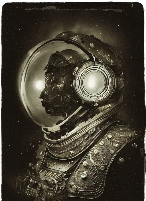 Prompt: old wetplate daguerreotype portrait of a futuristic silver armored space astronaut cyborg, fractal, intricate, elegant, highly detailed, parallax, leica, medium format, subsurface scattering, by jheronimus bosch and greg rutkowski and louis jacques mande daguerre