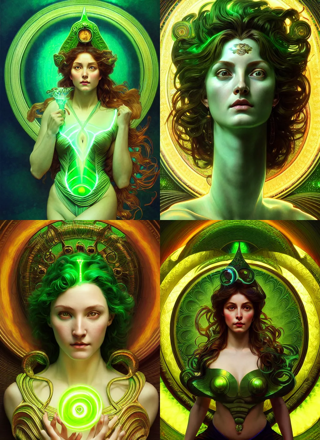 Prompt: minerva, goddess of mysteries, glowing green spiral background, trident in hand, path traced, octane render, highly detailed, high quality, digital portrait by artgerm, hd, karol bak, alphonse mucha, tom bagshaw