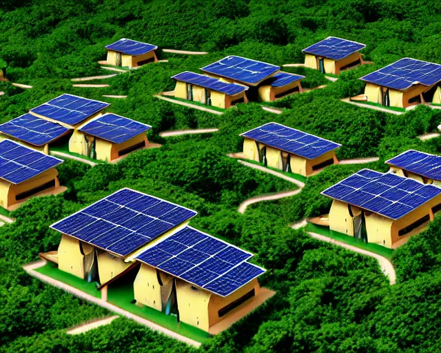 Image similar to connected ecovillage houses with solarroofs, very big bees flying around - plant goddess high quality photo, microchip, artificial intelligence, bio - mechanical bio - luminescence, black wired cables, neurons, nerve cells, cinematic, rim light, photo - realistic, elegant, high detail, 8 k, masterpiece, high fashion, in the style of man ray