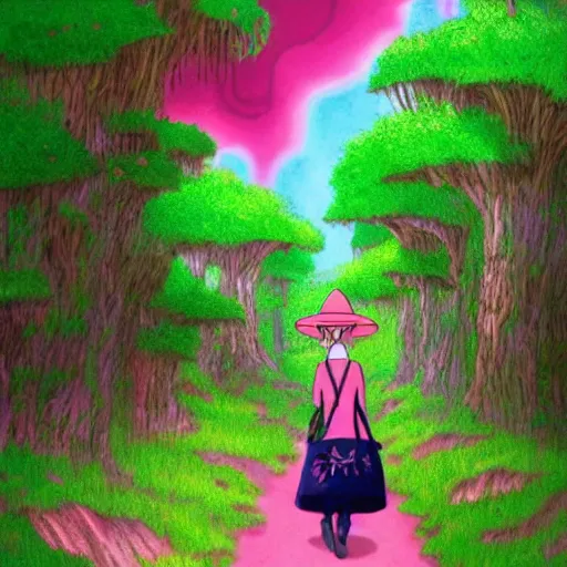 Image similar to a pink mage wearing a small satchel and a pink witch's hat walking through a lush psychedelic forest by studio ghibli