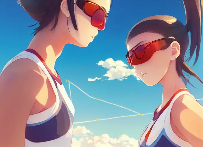 Prompt: side portrait of cute high school girl playing beach volley, sunny sky background stadium landscape illustration concept art anime key visual trending pixiv fanbox by wlop and greg rutkowski and makoto shinkai and studio ghibli and kyoto animation, symmetrical facial features, sports clothing, sport glasses, nike shirt, backlit