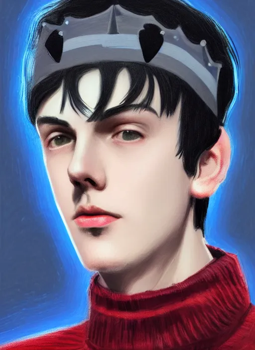 Image similar to portrait of teenage jughead jones wearing a light grey crown, crown, blue turtleneck, 1 9 5 0 s, closed eyes, photorealistic, black hair, glowing lighting, intricate, elegant, glowing lights, highly detailed, digital painting, artstation, concept art, smooth, sharp focus, illustration, art by wlop, mars ravelo and greg rutkowski