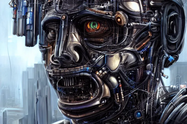 Image similar to an extremely high quality hd, a digital painting of a man's face surrounded by mechanical parts, cyberpunk art by h. r. ( hans ruedi ) giger, featured on cgsociety, afrofuturism, circuitry, tesseract, dystopian art, 8 k, ultra realistic, very realistic