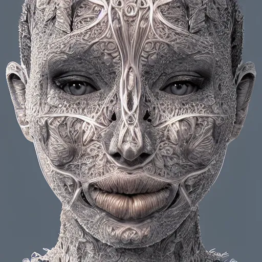 Image similar to beatifull frontal face portrait of a woman, 150mm, anatomical, flesh, flowers, mandelbrot fractal, symmetric, intricate, elegant, highly detailed, ornate, ornament, sculpture, elegant , luxury, beautifully lit, ray trace, octane render in the style of peter Gric and alex grey